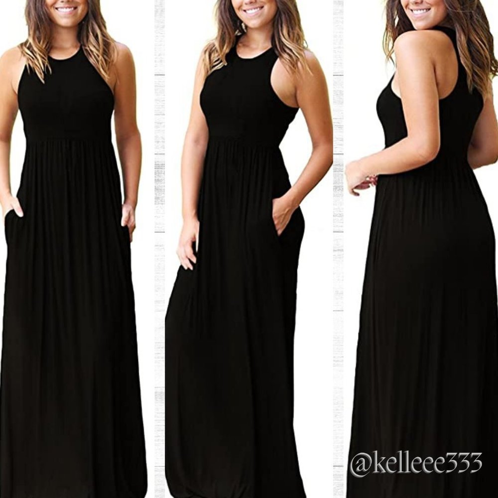 NWT Women's Black Sleeveless Racerback Maxi with Pockets Sz Large